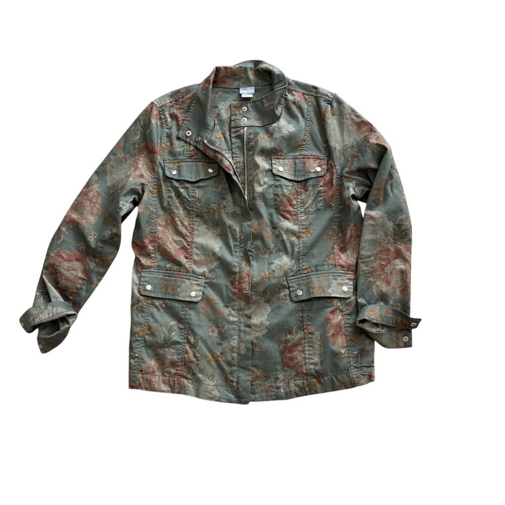 Cotton Equestrian Vintage Floral Utility Jacket M US 8 Sage Green Chico's 1